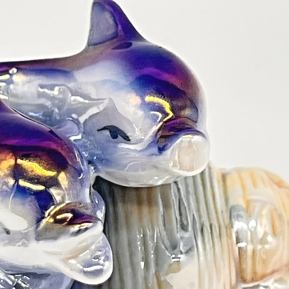 Vintage Lusterware Iridescent Porcelain Dolphins On Seashell Mirtex Trading